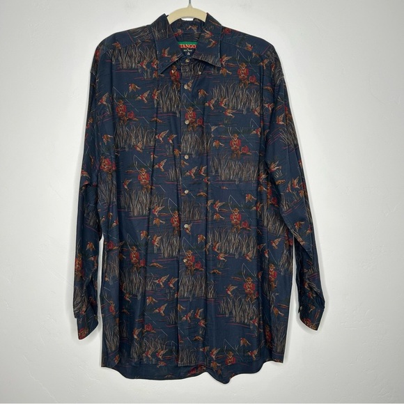Vintage 90's Tango Navy Button Up Shirt Fly Fishing Duck Print Size XL - Picture 1 of 11